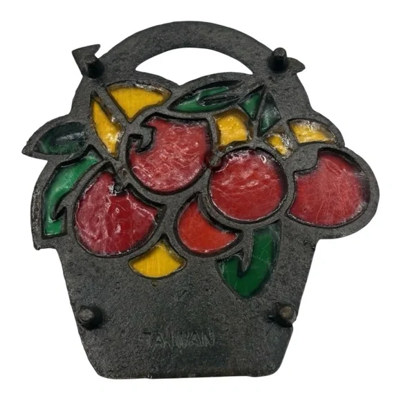 Vtg Cast Iron Trivet Stained Glass Style Cherry Basket Cottagecore Farmhouse - Picture 2 of 4